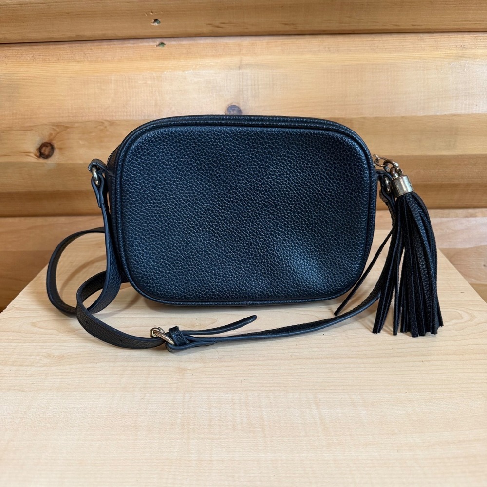Black Pebble Leather Small Crossbody Bag Purse with Fringe Detail